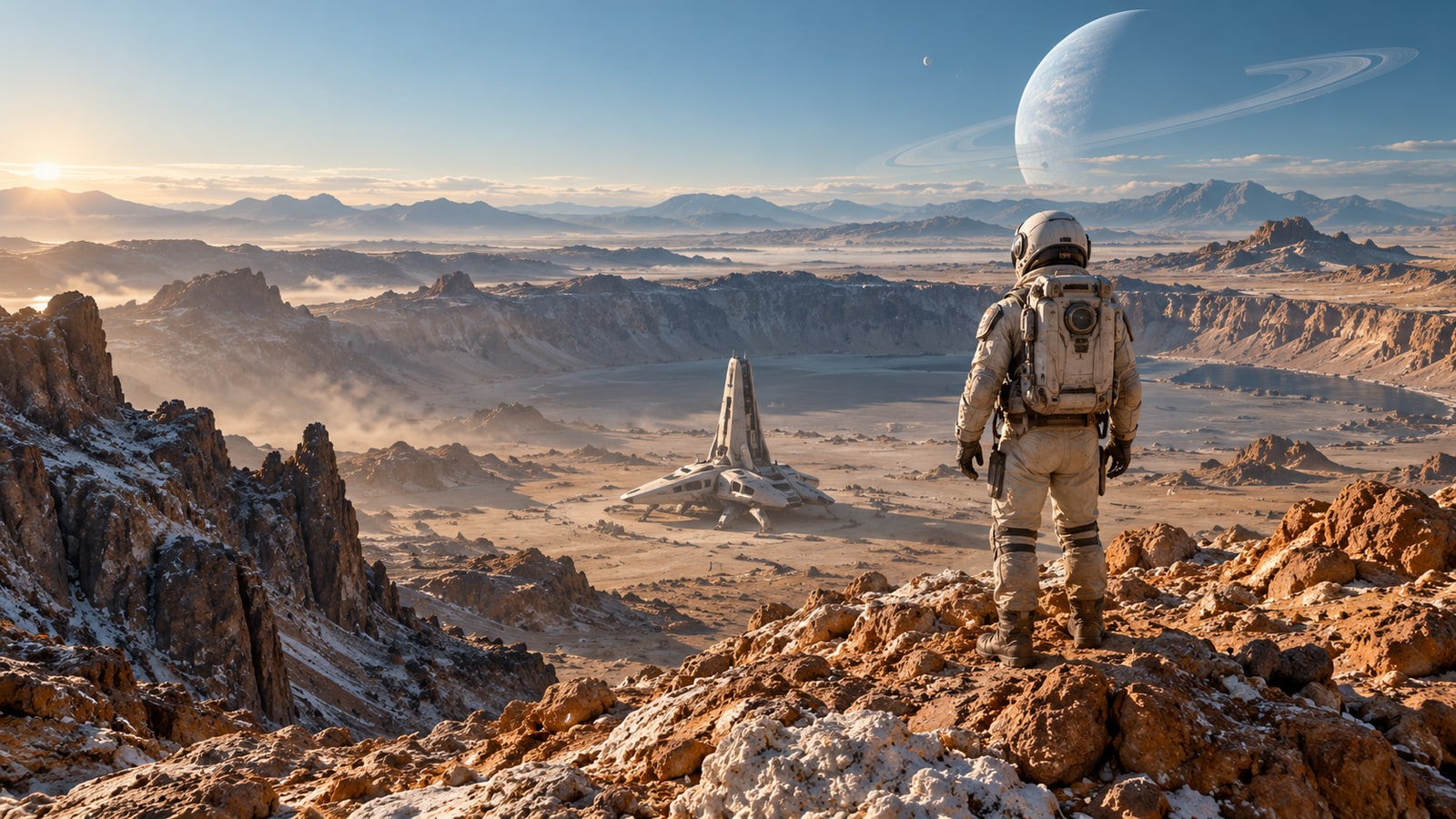 An explorer overlooking a rocky basin and expedition lander in the fictional story Aster Vale.