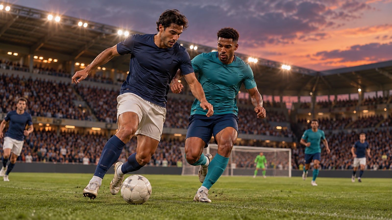 Players in navy and teal contesting a football in an invented Harbor versus Ridge match.