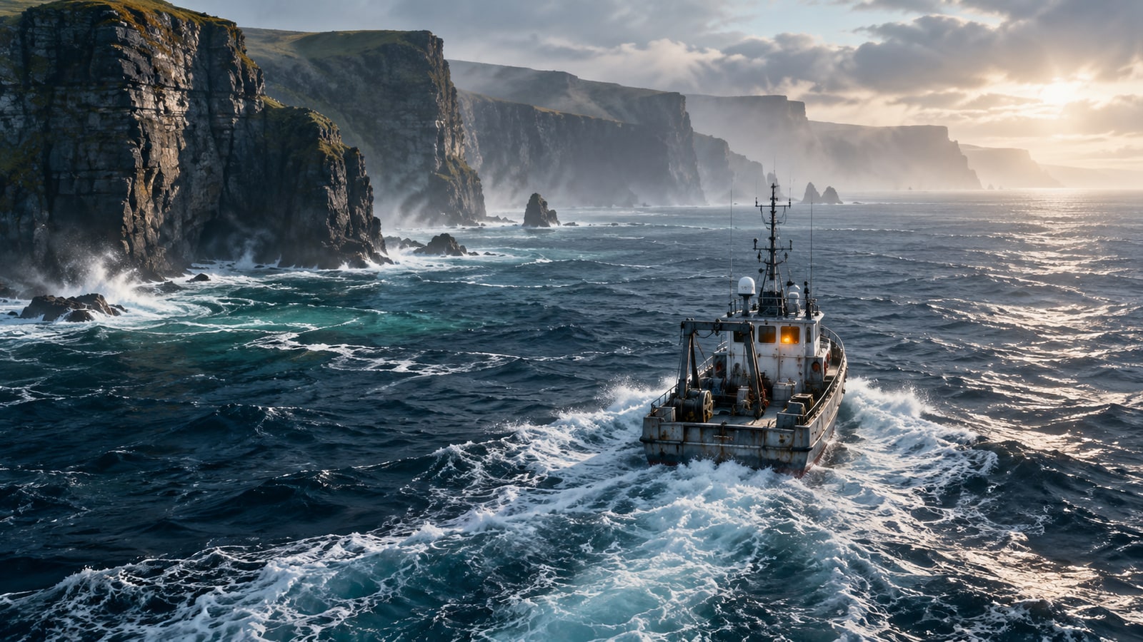 A research vessel approaching misty sea cliffs in the fictional drama Tidebound.