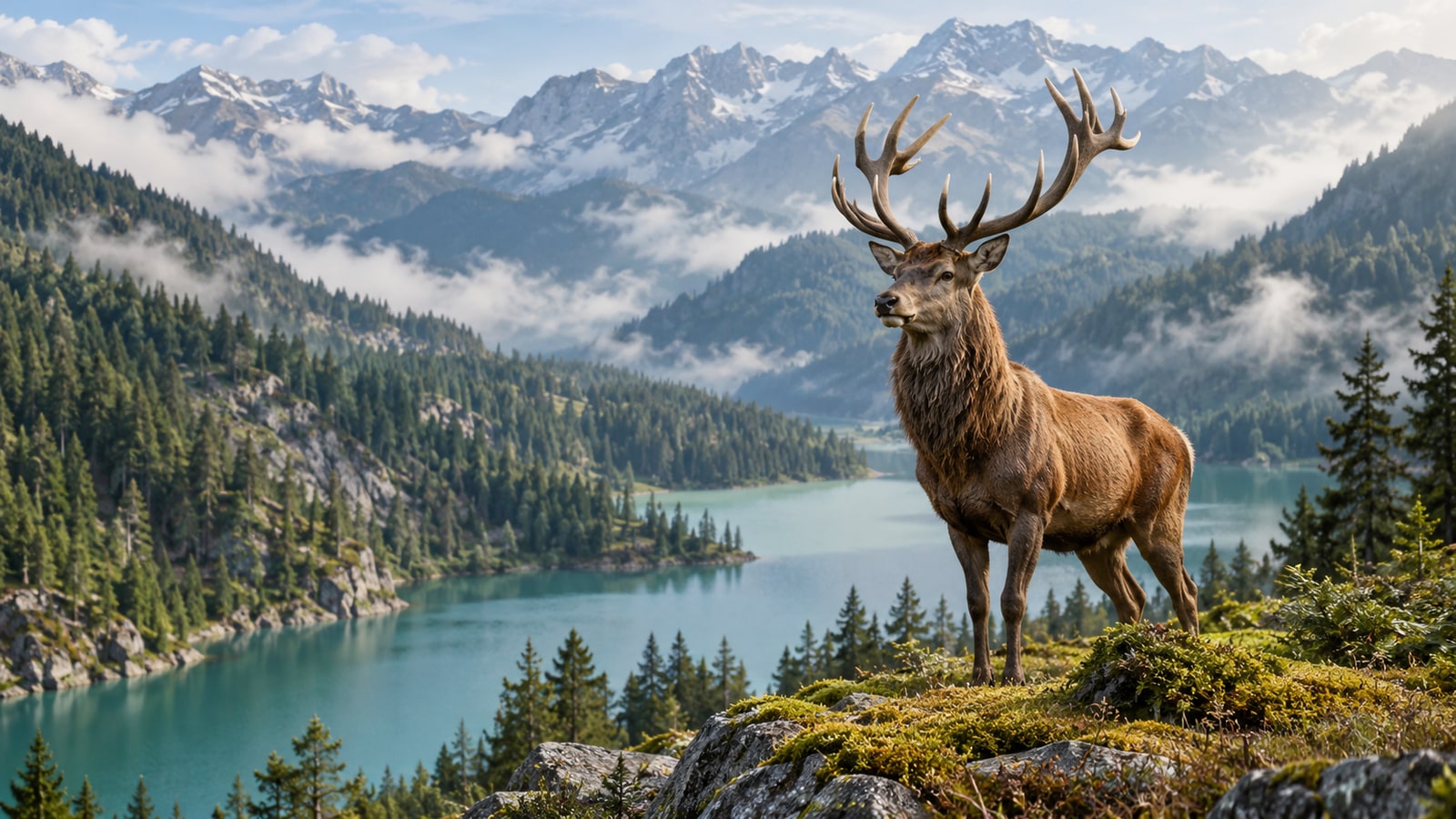 A red deer standing above a forested mountain lake in the fictional documentary Wild Meridian.