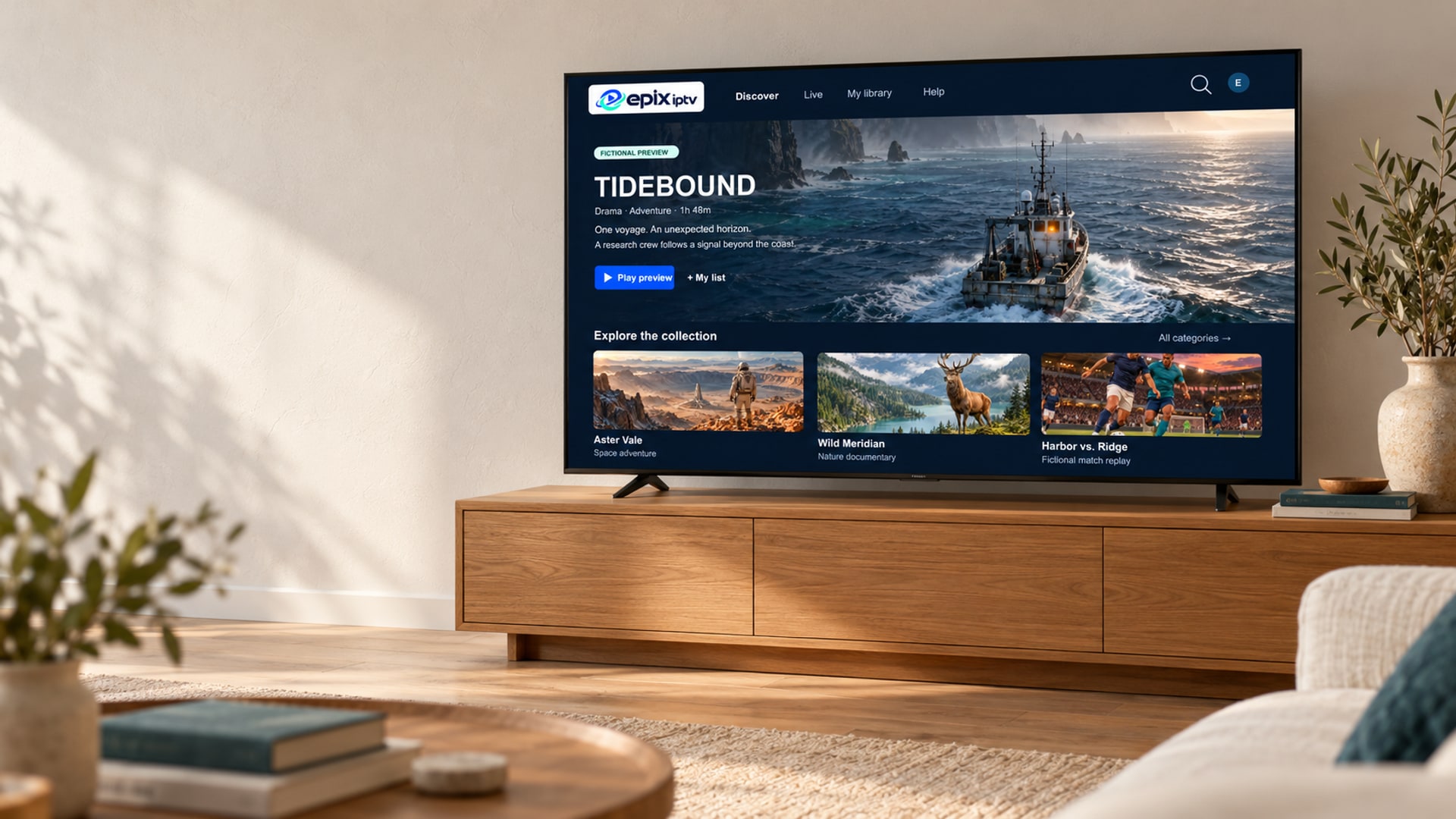 Epix IPTV library open on a living-room TV above an oak cabinet, showing live channels and fictional series.