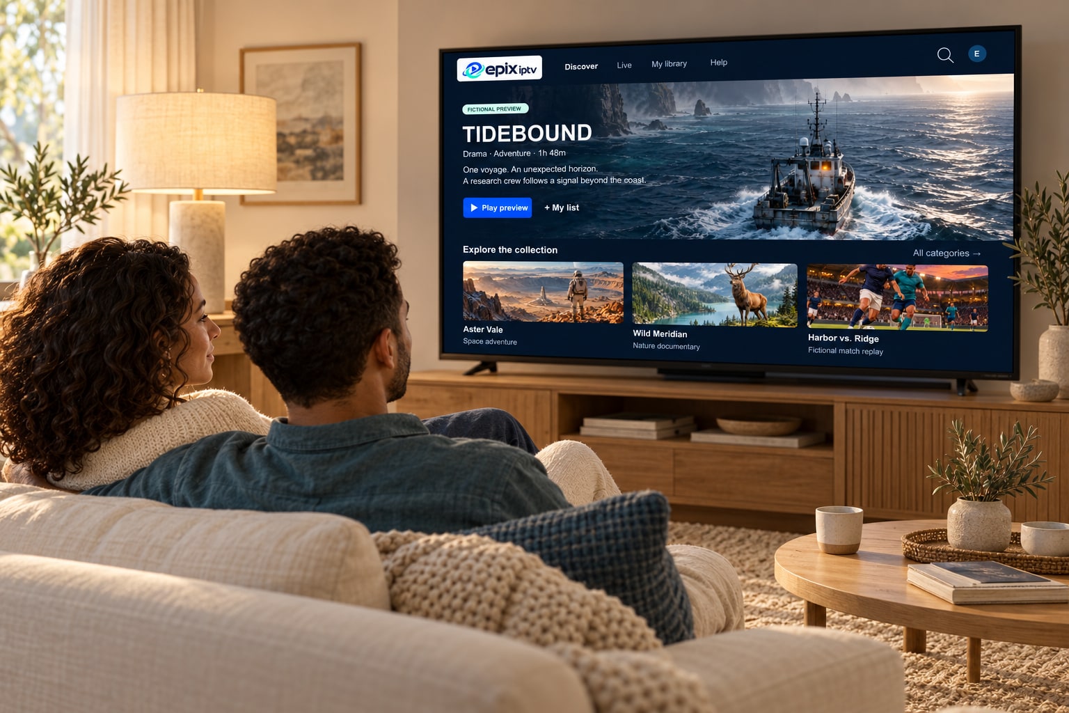 Two adults relaxing on a sofa while browsing the Epix IPTV library on their living-room TV.