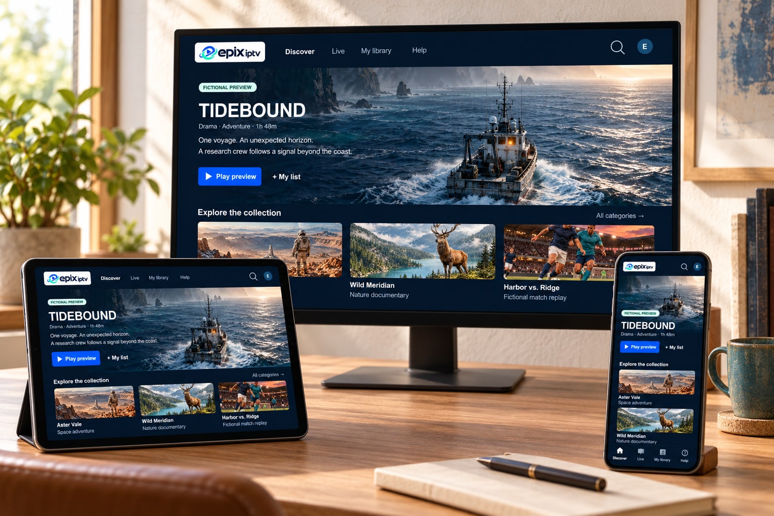 The same Epix IPTV library open on a desktop monitor, a tablet and a smartphone on a wooden desk.