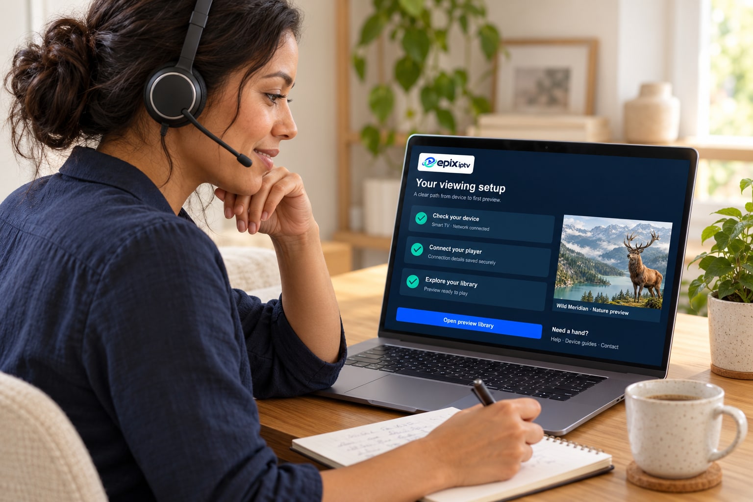 A support representative wearing a headset reviews a setup checklist on a laptop.