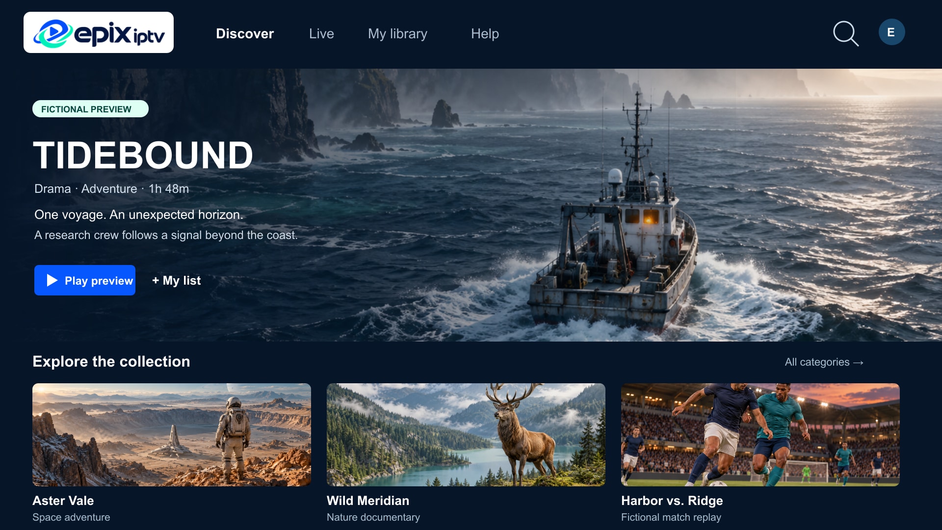 Epix preview library featuring Tidebound, Aster Vale, Wild Meridian, and Harbor versus Ridge.