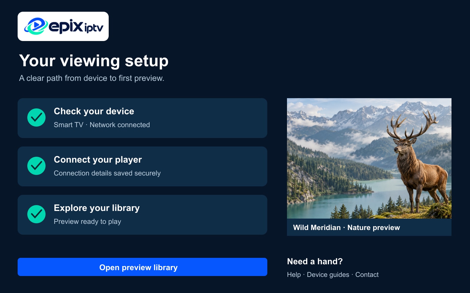 Epix setup interface with completed device, connection, and preview steps.
